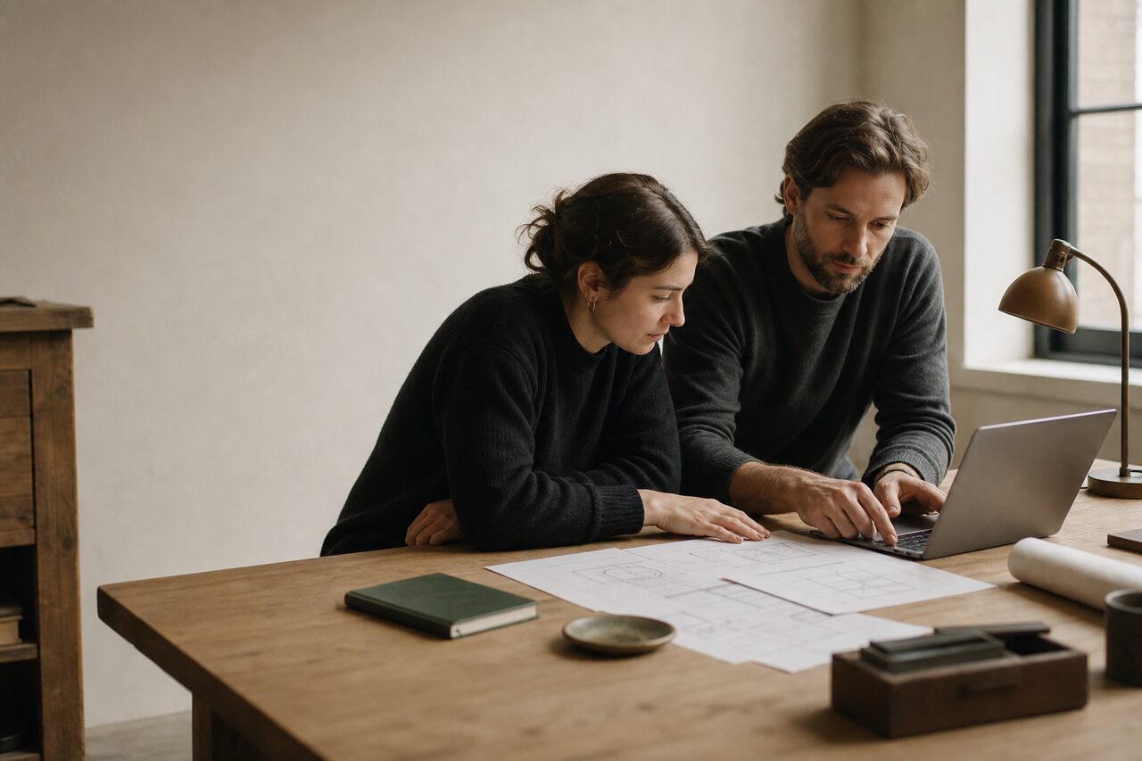 Two collaborators reviewing printed technical diagrams and an open laptop at an oak workbench