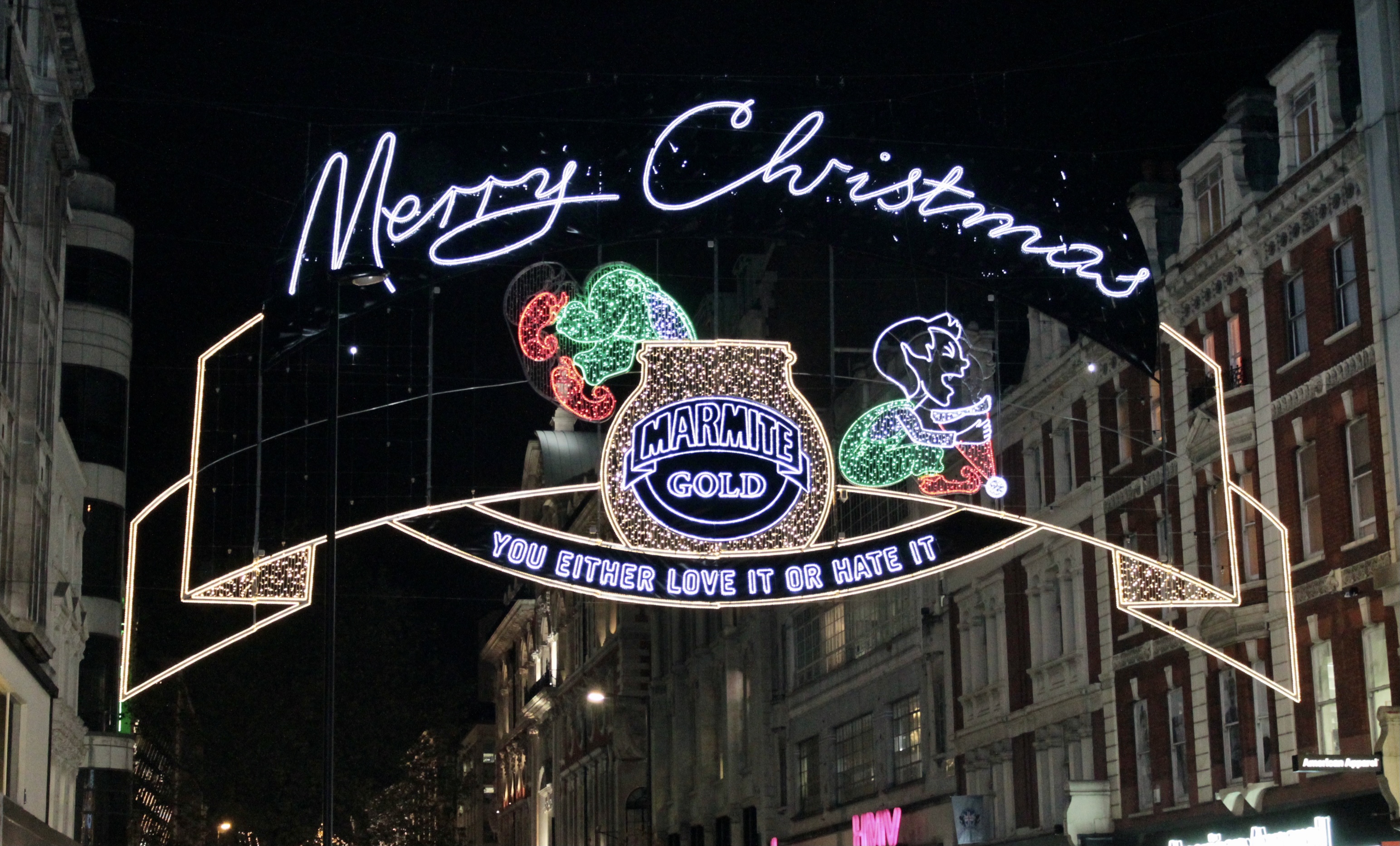 Oxford Street Marmite Christmas Lights, London, England, United Kingdom
