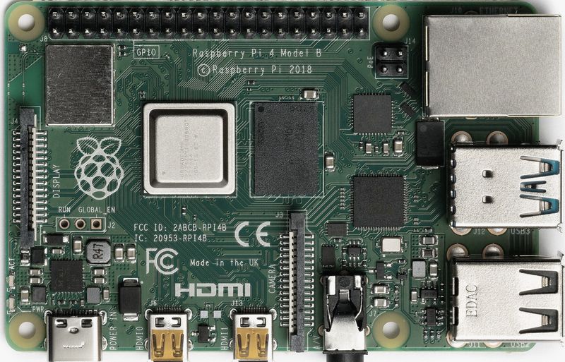 Raspberry Pi 4 Model B photographed from above, showing the board layout and connectors