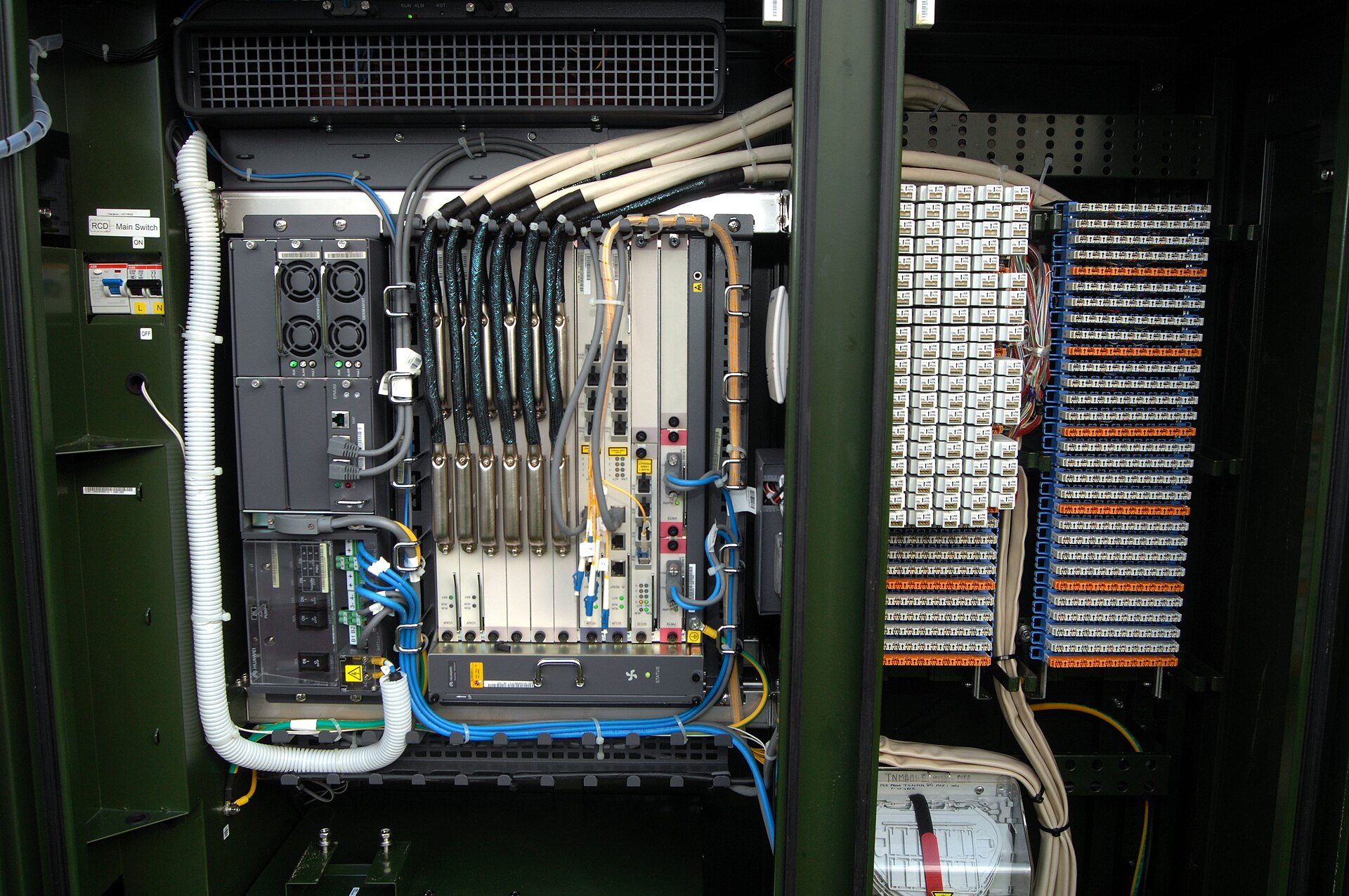 Inside a fibre broadband street cabinet where fibre meets copper lines
